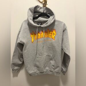 Thrasher Gray Crewneck Hoodie with Yellow-Orange Flame Logo - Men